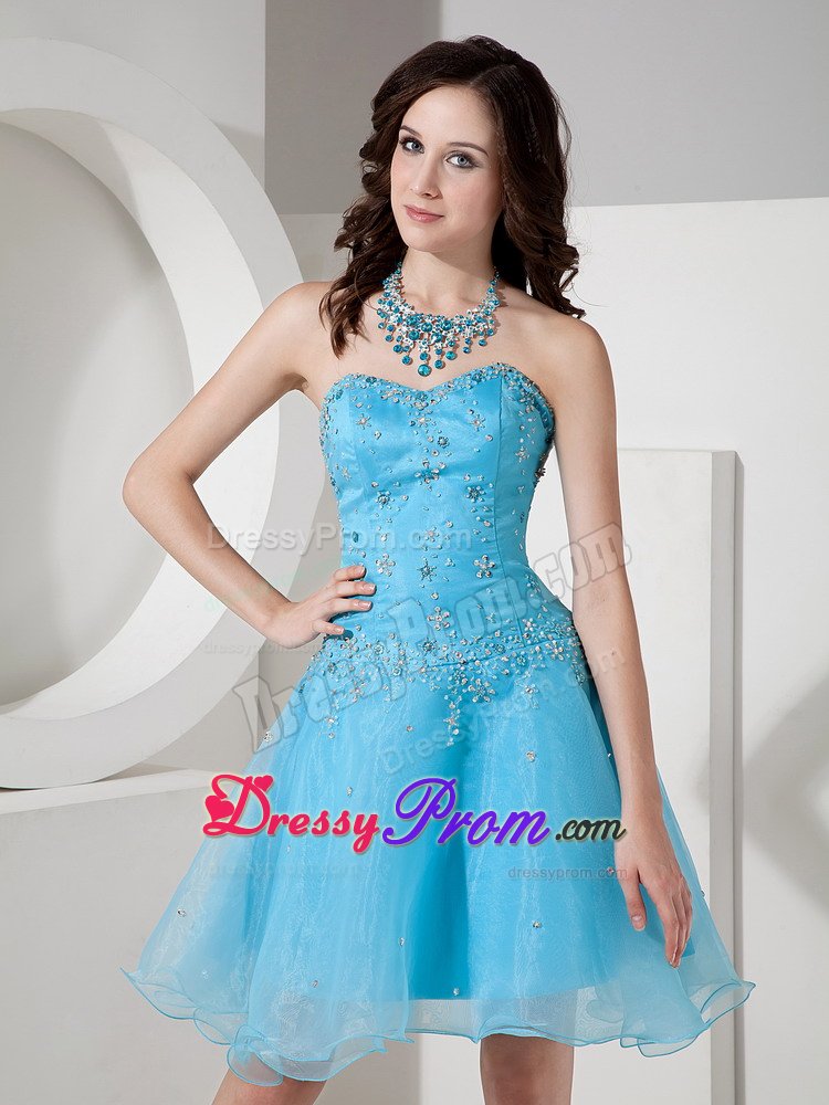 Beaded Sweetheart Organza Mini Length Prom Maxi Dress in Aqua Blue