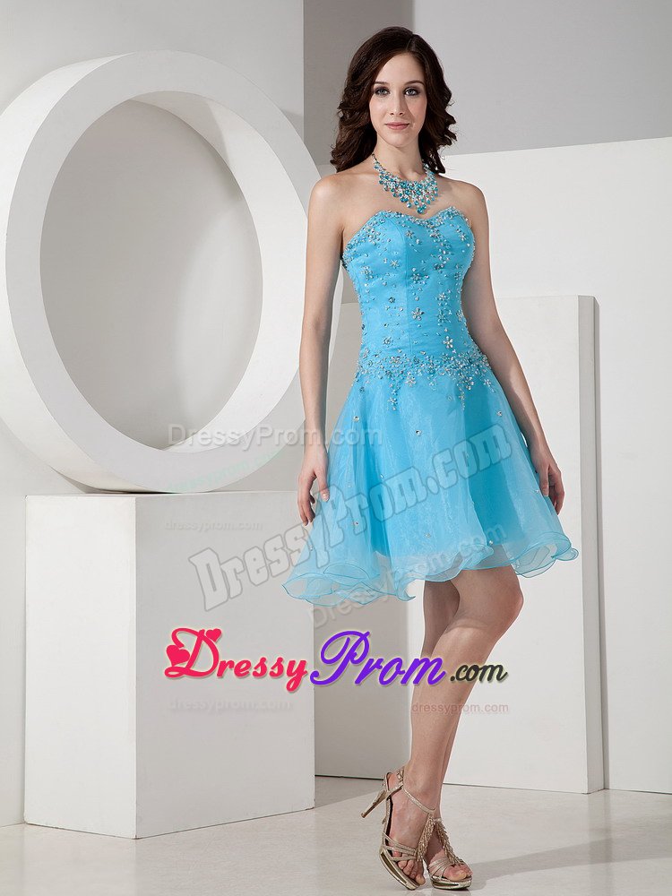 Beaded Sweetheart Organza Mini Length Prom Maxi Dress in Aqua Blue