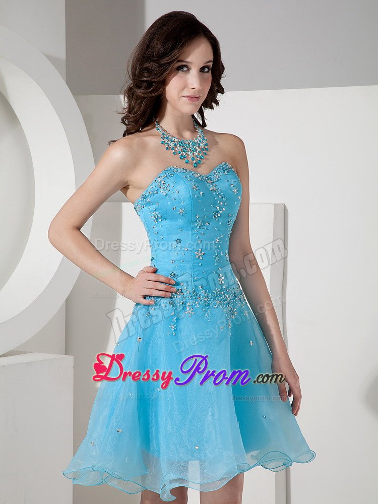 Beaded Sweetheart Organza Mini Length Prom Maxi Dress in Aqua Blue