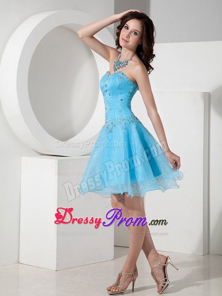 Beaded Sweetheart Organza Mini Length Prom Maxi Dress in Aqua Blue