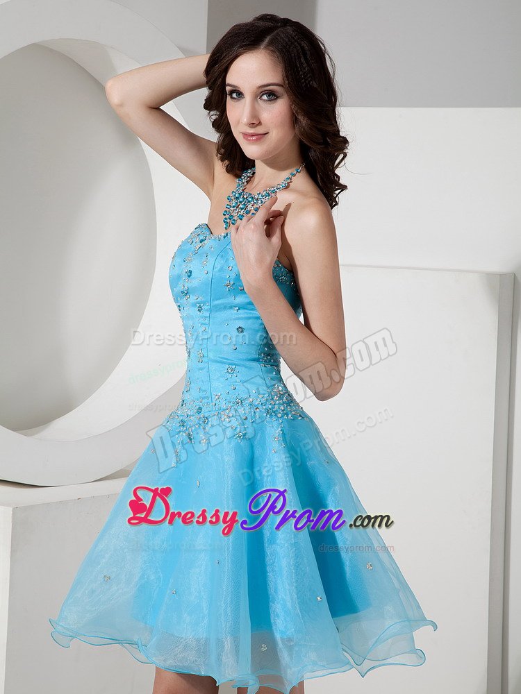 Beaded Sweetheart Organza Mini Length Prom Maxi Dress in Aqua Blue