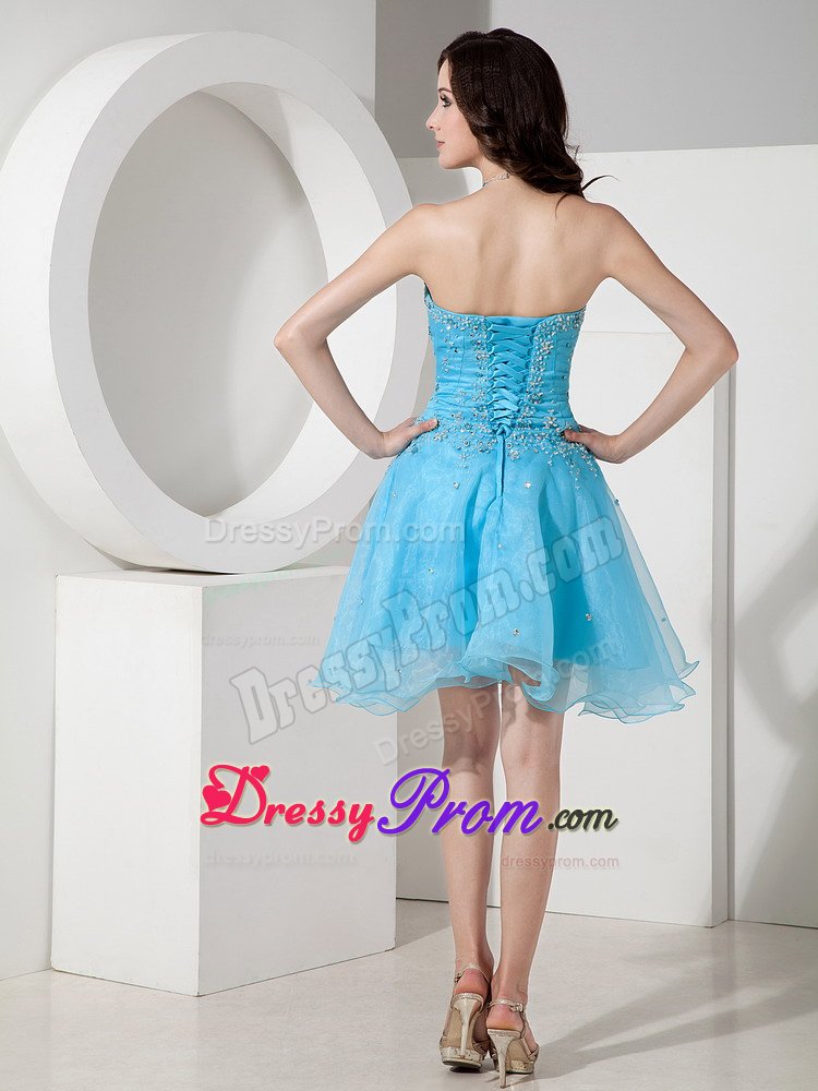 Beaded Sweetheart Organza Mini Length Prom Maxi Dress in Aqua Blue