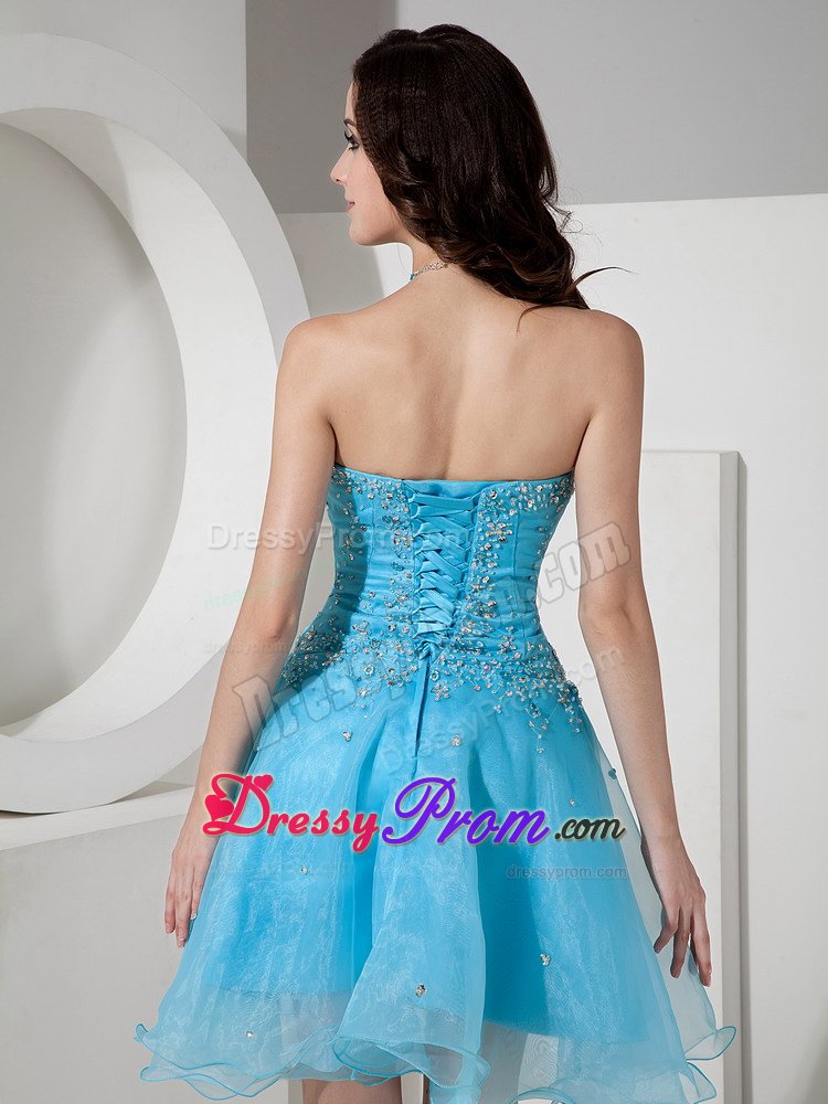 Beaded Sweetheart Organza Mini Length Prom Maxi Dress in Aqua Blue