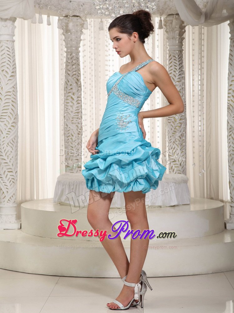 Asymmetrical Beaded Ruched Aqua Blue Prom Maxi Dress with Pick ups