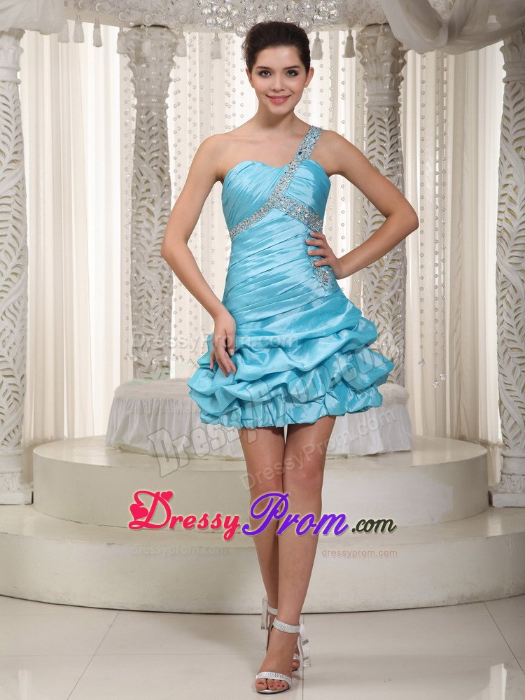 Asymmetrical Beaded Ruched Aqua Blue Prom Maxi Dress with Pick ups