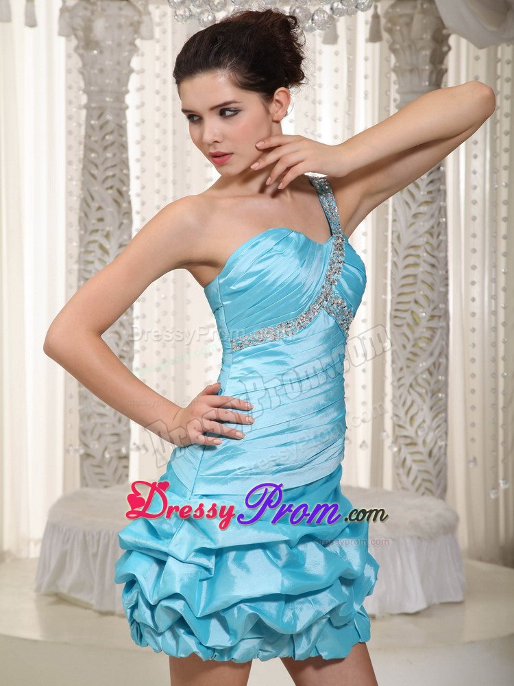 Asymmetrical Beaded Ruched Aqua Blue Prom Maxi Dress with Pick ups