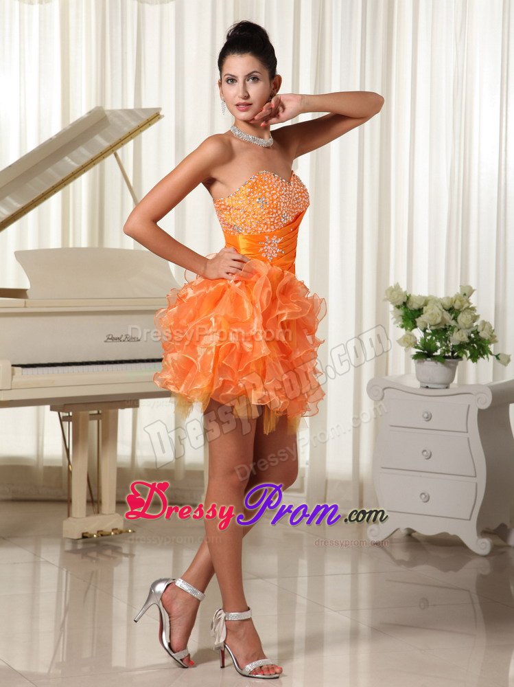 Beading and Ruffles Accent Mini Prom Maxi Dresses in Orange Red