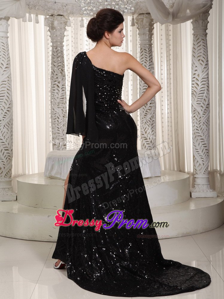 Sequined Black One Shoulder High Slit Prom Maxi Dress Brush Train