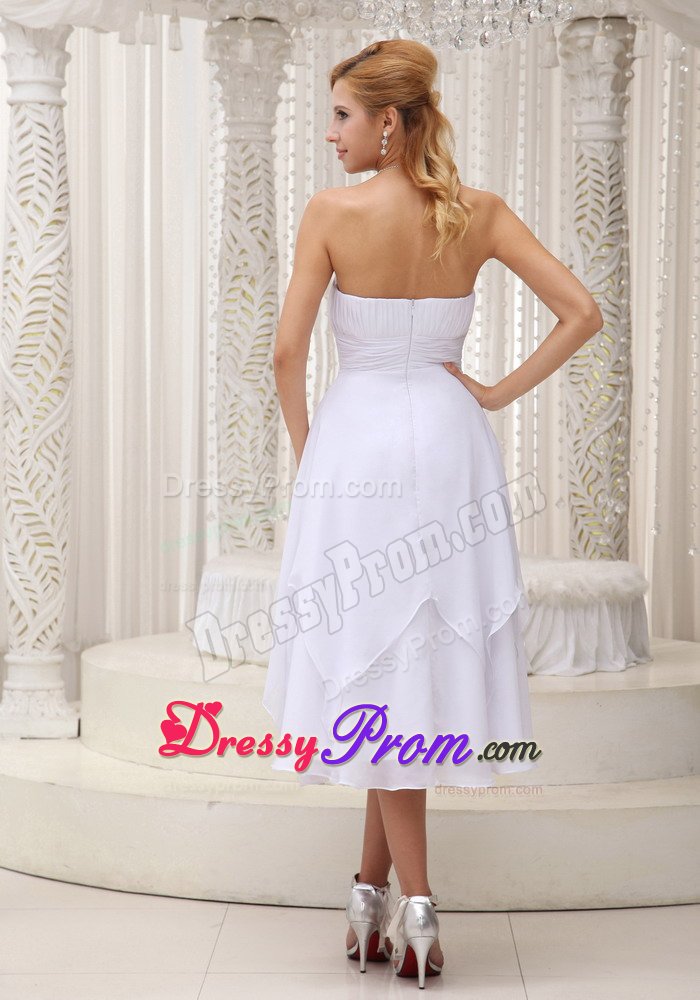 Ruched White Strapless Chiffon Prom Maxi Dresses of Tea Length