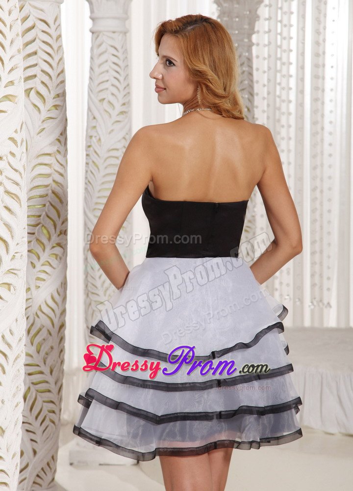 White and Black Mini Length Organza Prom Maxi Dress with Frills
