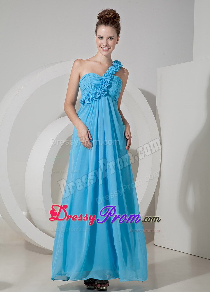 Flowery One Shoulder Ruches Prom Bridesmaid Dress of Ankle Length