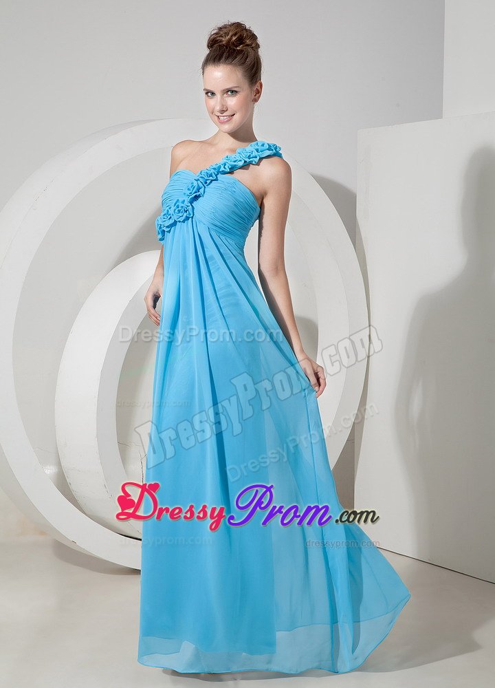 Flowery One Shoulder Ruches Prom Bridesmaid Dress of Ankle Length
