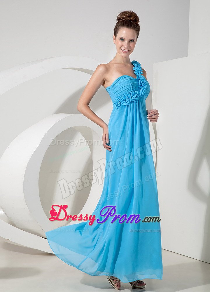 Flowery One Shoulder Ruches Prom Bridesmaid Dress of Ankle Length
