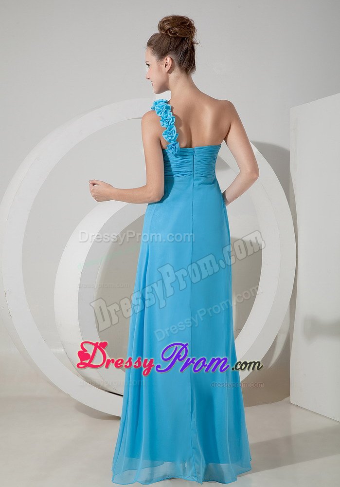 Flowery One Shoulder Ruches Prom Bridesmaid Dress of Ankle Length