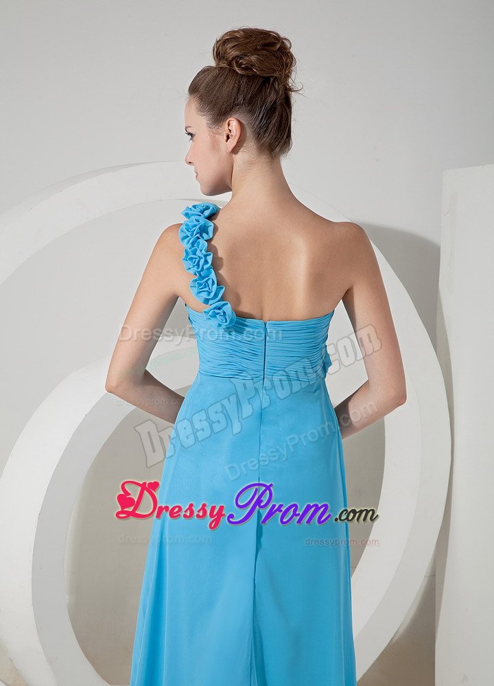 Flowery One Shoulder Ruches Prom Bridesmaid Dress of Ankle Length