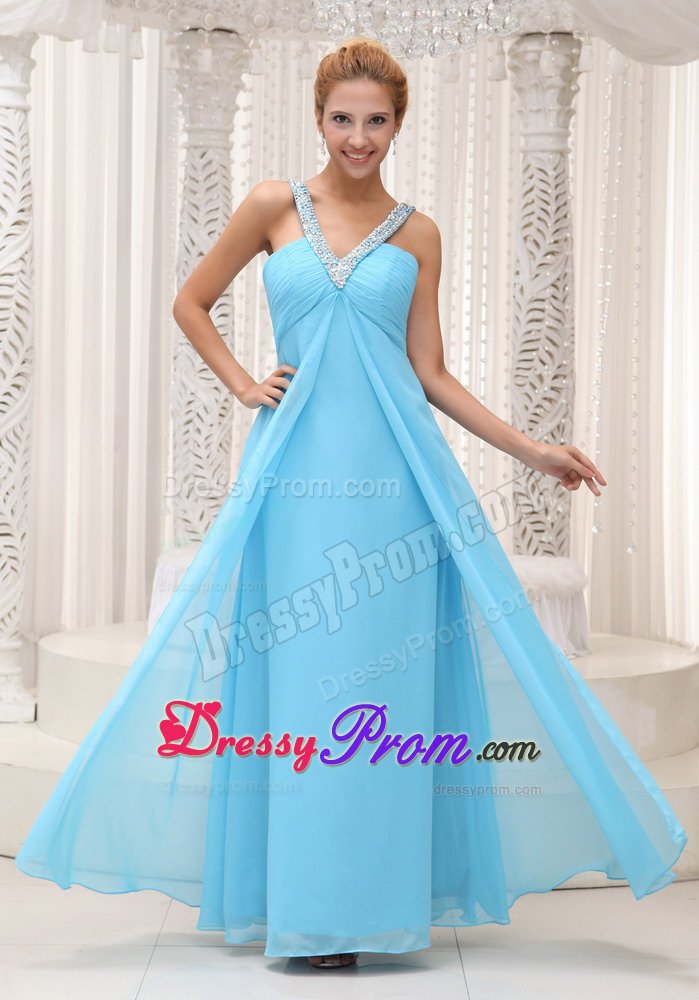 Beaded V-neck Ruched Chiffon Prom Bridesmaid Dress in Aqua Blue