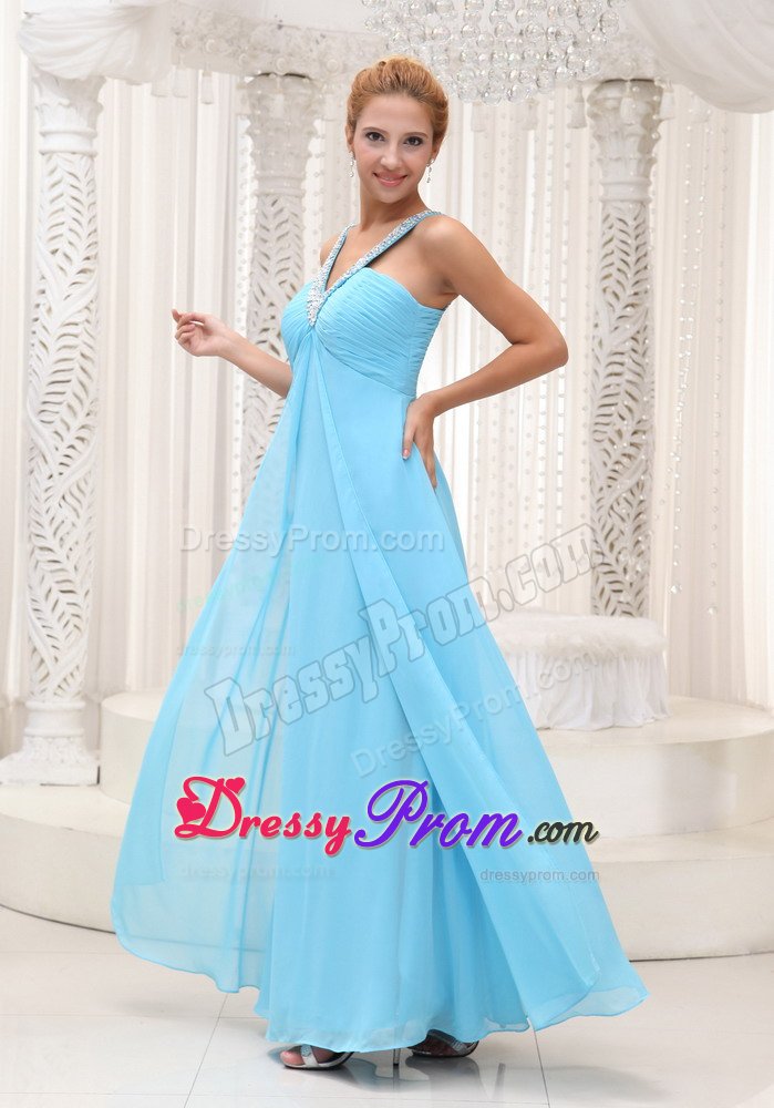 Beaded V-neck Ruched Chiffon Prom Bridesmaid Dress in Aqua Blue