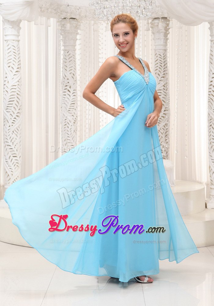 Beaded V-neck Ruched Chiffon Prom Bridesmaid Dress in Aqua Blue