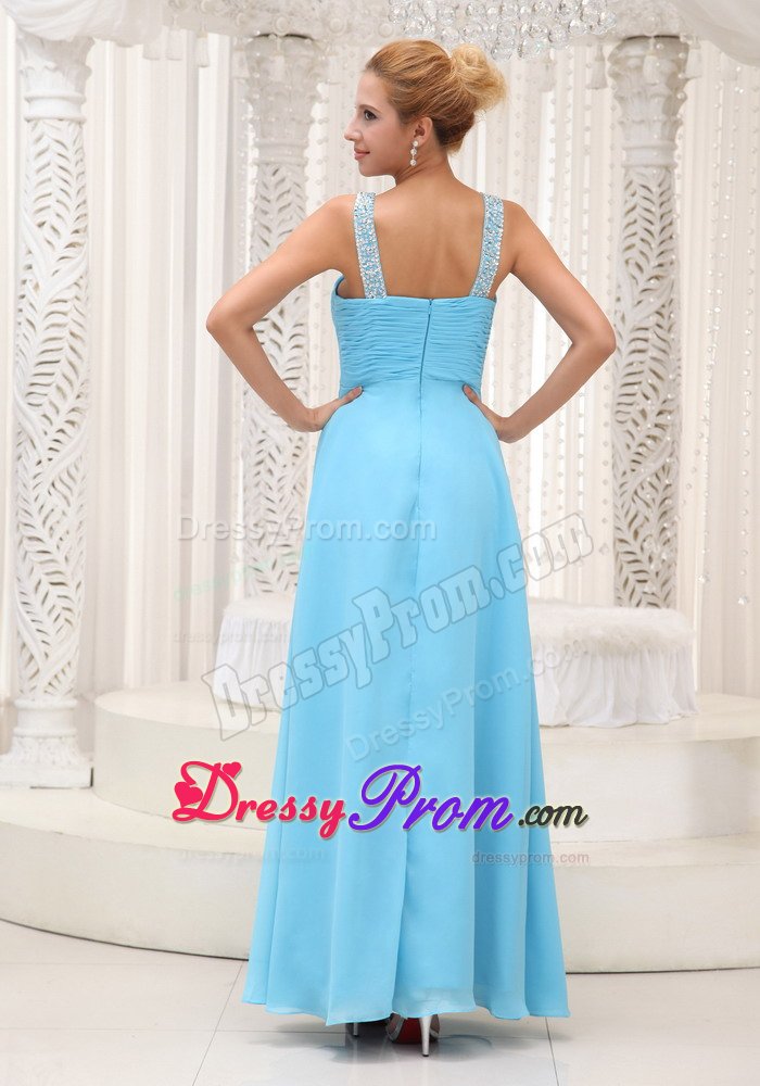 Beaded V-neck Ruched Chiffon Prom Bridesmaid Dress in Aqua Blue