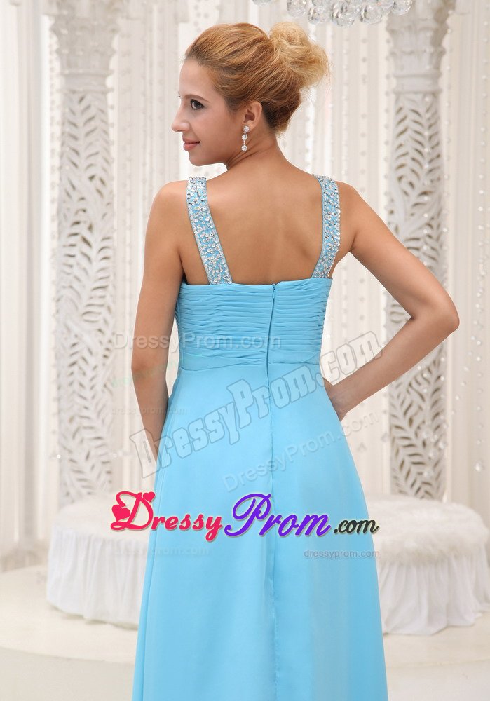 Beaded V-neck Ruched Chiffon Prom Bridesmaid Dress in Aqua Blue