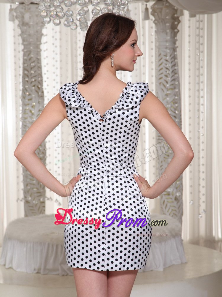 White and Black V-neck Mini Prom Bridesmaid Dress with Polka Dots
