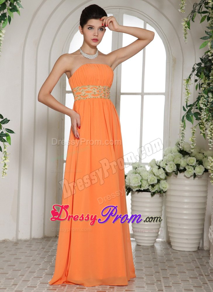 Orange Strapless Long Chiffon Prom Party Dress with Beading Ruches