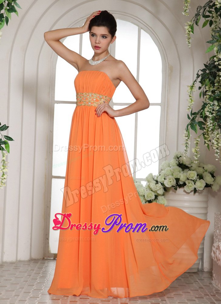 Orange Strapless Long Chiffon Prom Party Dress with Beading Ruches