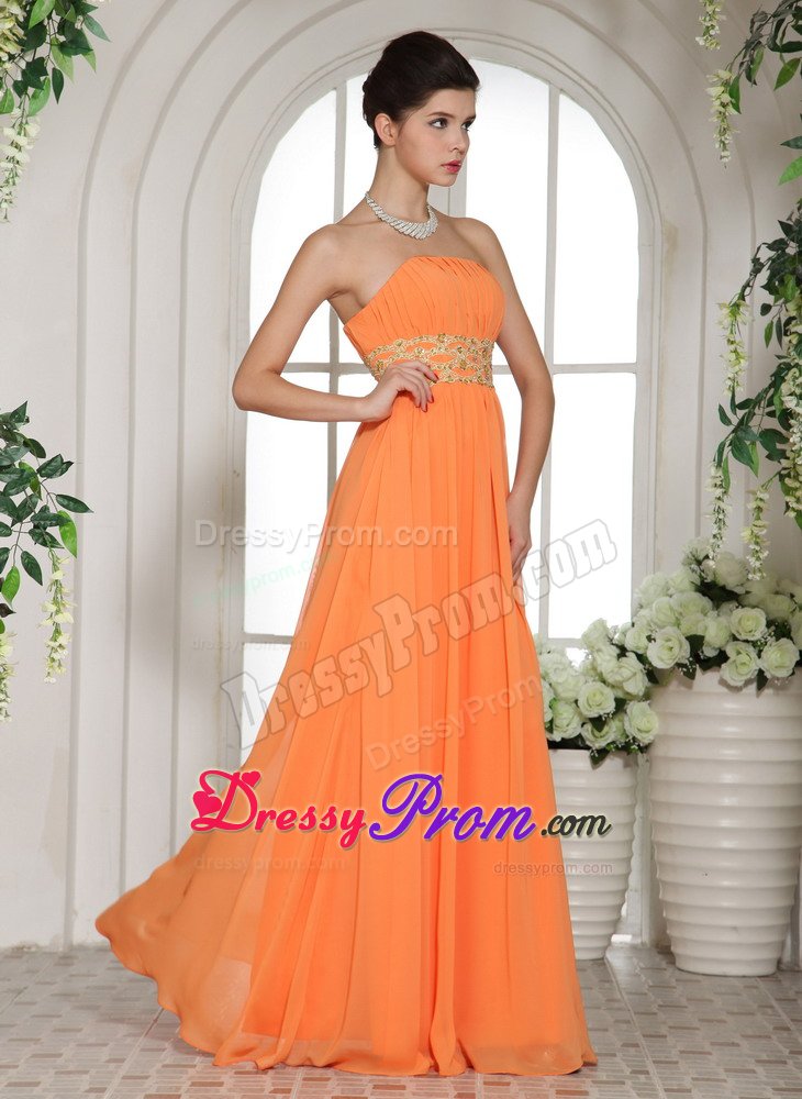 Orange Strapless Long Chiffon Prom Party Dress with Beading Ruches