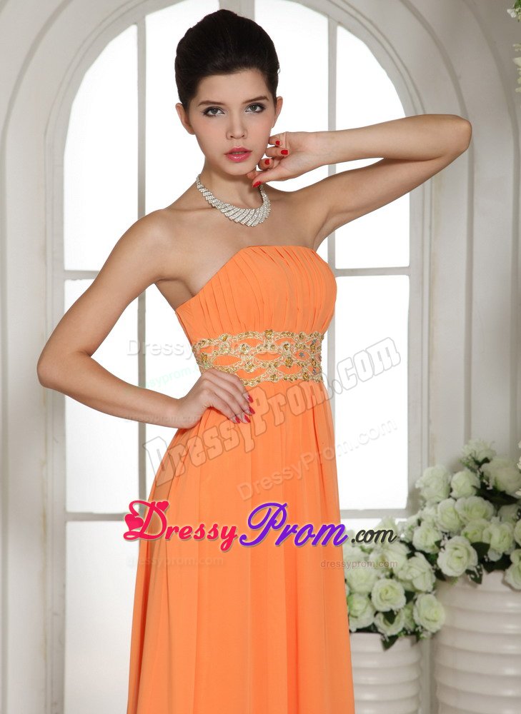 Orange Strapless Long Chiffon Prom Party Dress with Beading Ruches