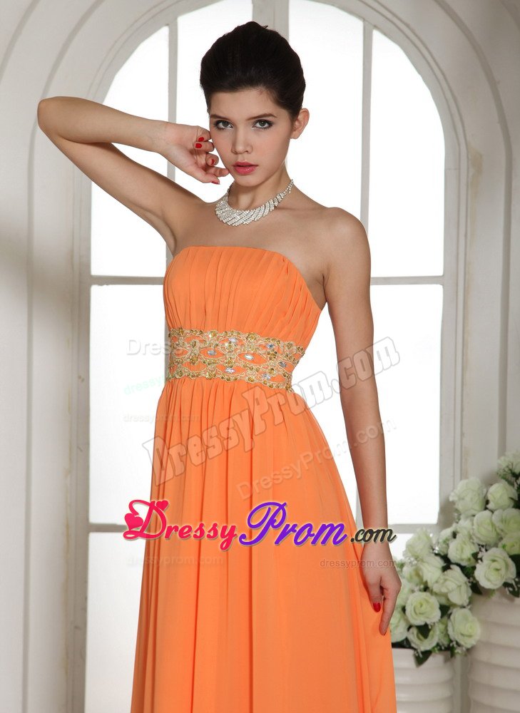 Orange Strapless Long Chiffon Prom Party Dress with Beading Ruches