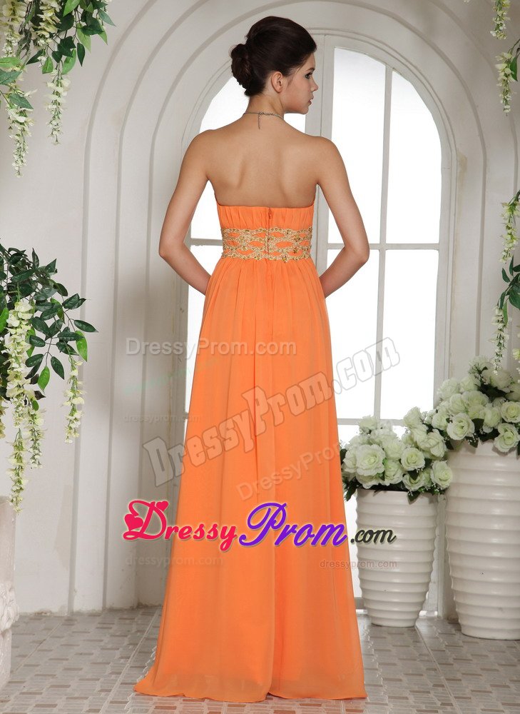 Orange Strapless Long Chiffon Prom Party Dress with Beading Ruches