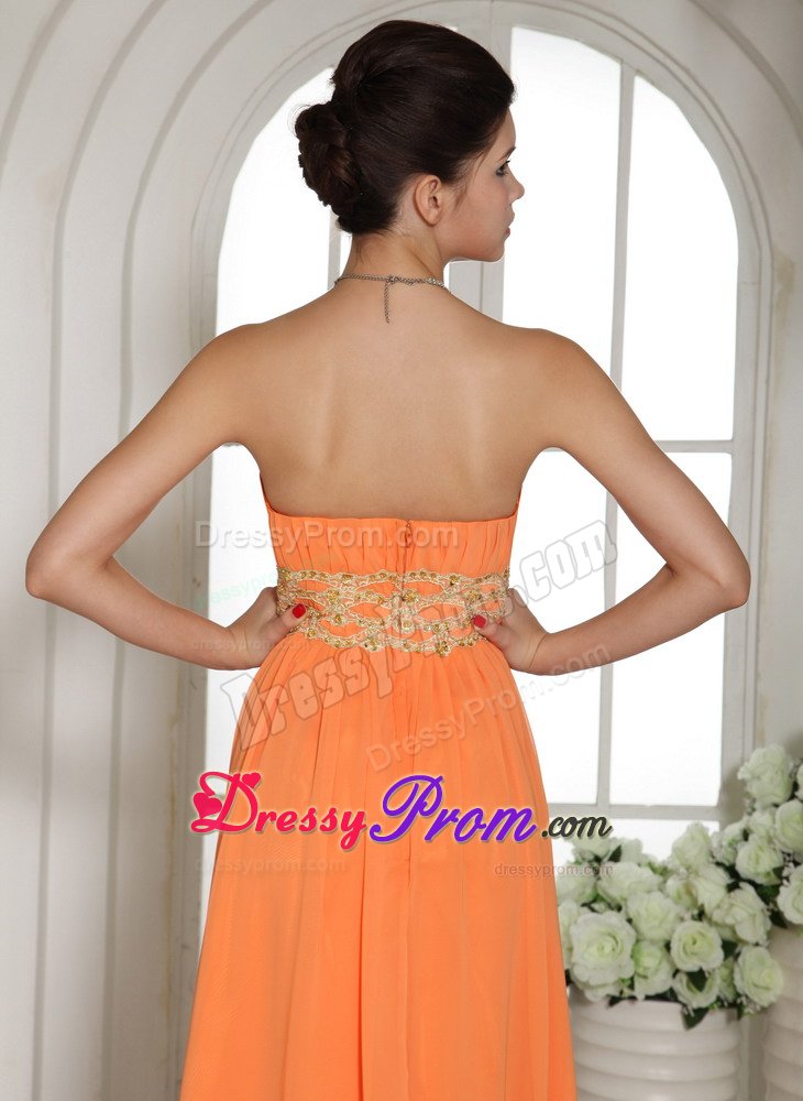 Orange Strapless Long Chiffon Prom Party Dress with Beading Ruches