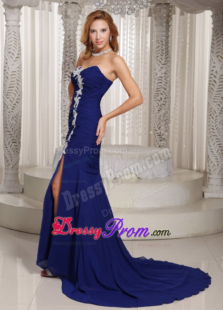 Ruched and Appliqued High Slit Prom Party Dresses in Royal Blue