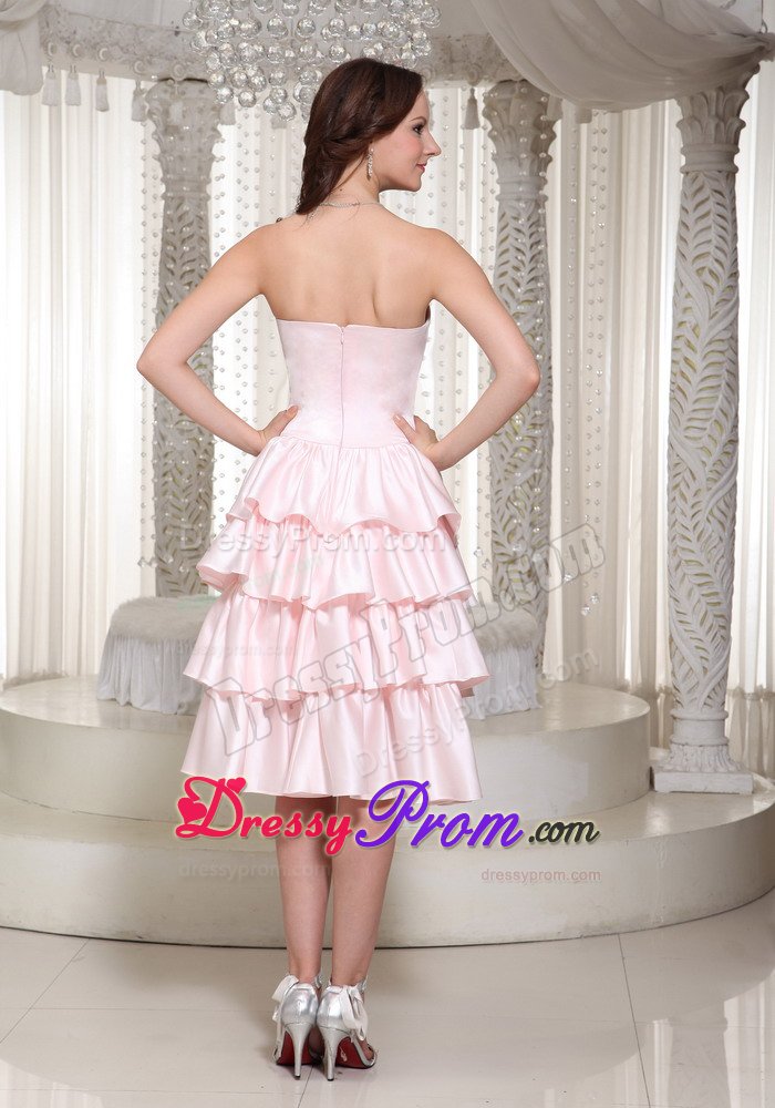 Flower and Ruffled Layers Accent Prom Party Dress in Baby Pink