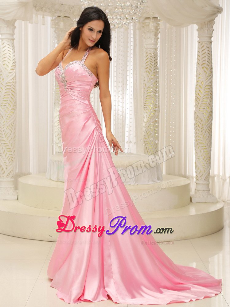 Cheap Halter Top Brush Train Rose Pink Prom Dress for Girls