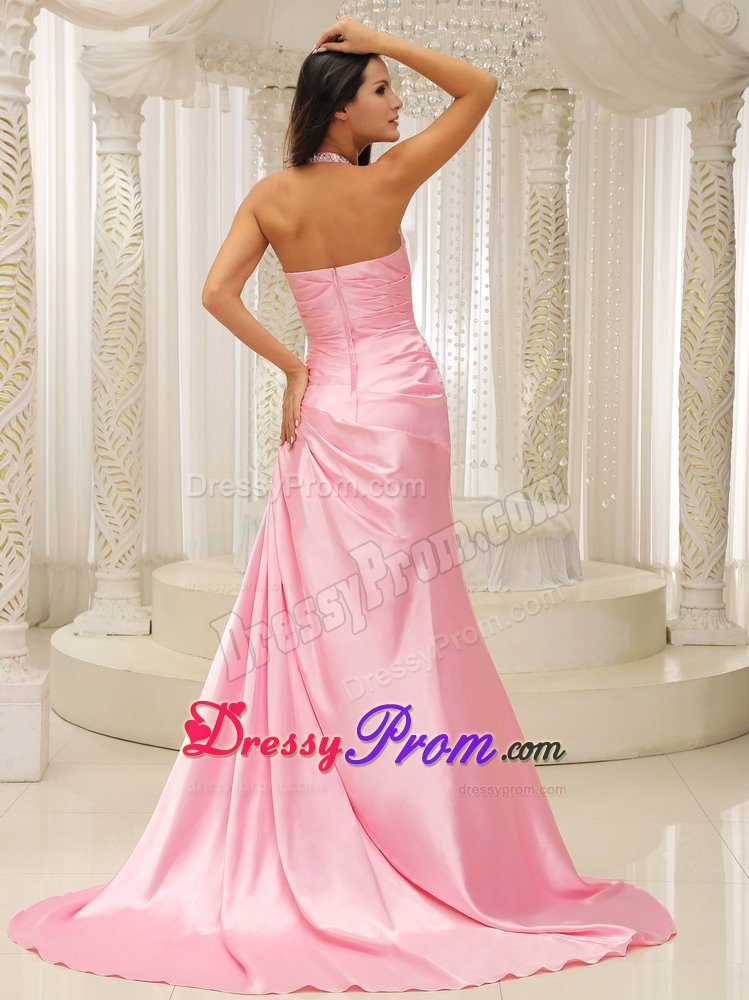 Cheap Halter Top Brush Train Rose Pink Prom Dress for Girls