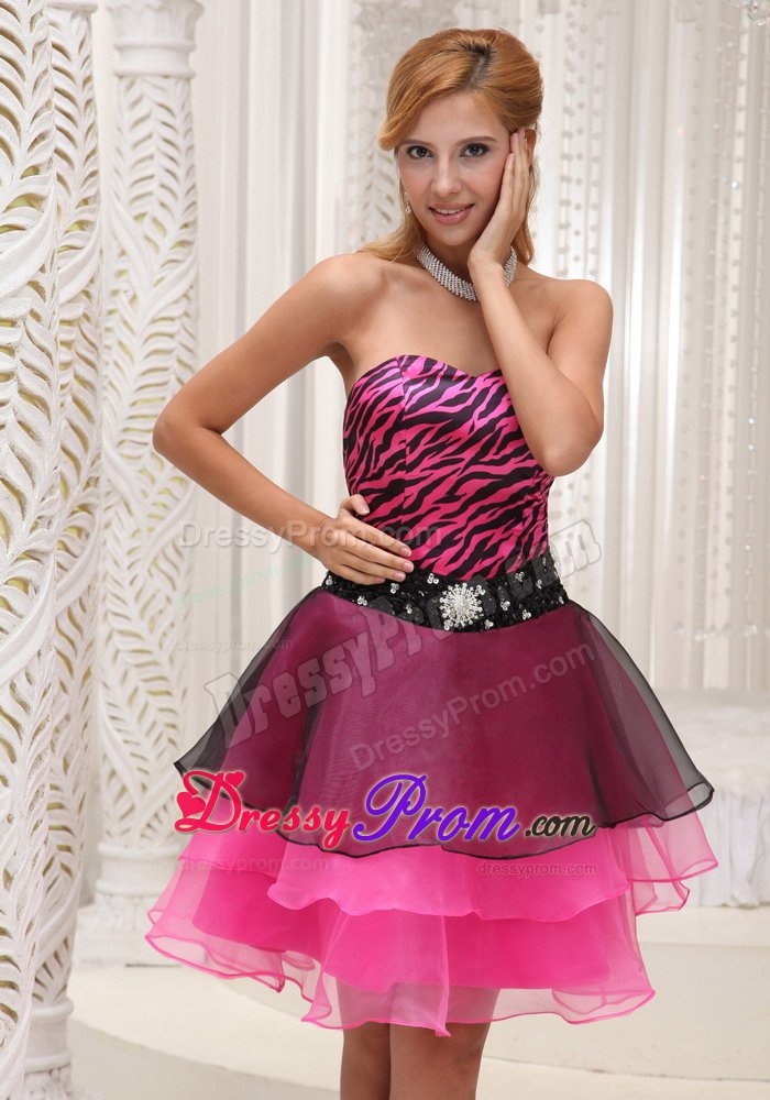 Black and Hot Pink Organza Prom Party Dresses with Zebra Print