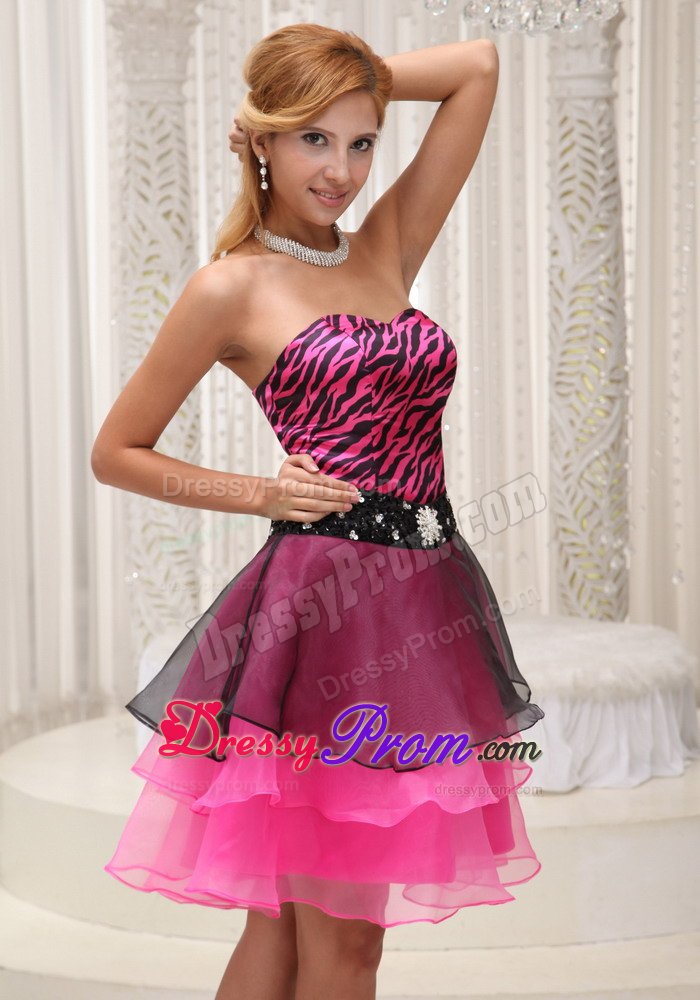 Black and Hot Pink Organza Prom Party Dresses with Zebra Print