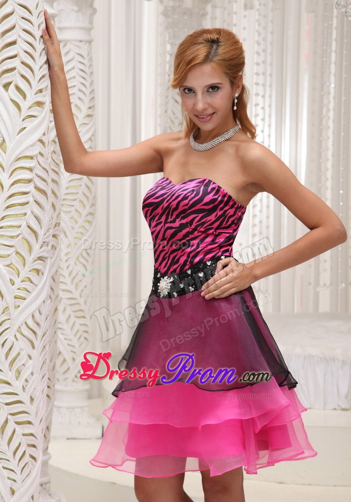 Black and Hot Pink Organza Prom Party Dresses with Zebra Print