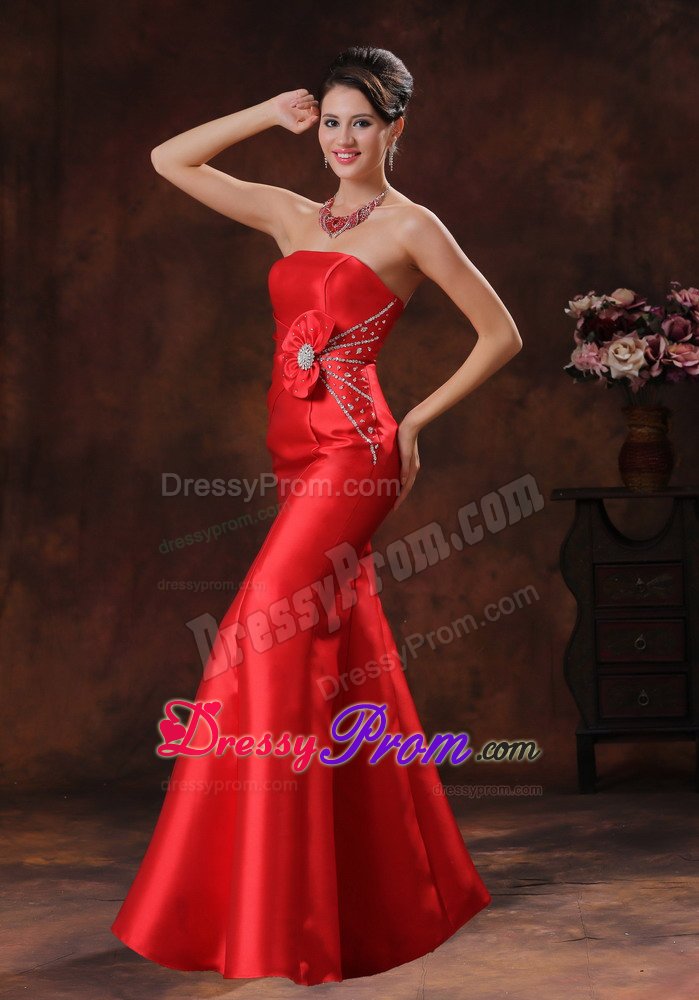 Beading Accent Red Strapless Floor Length Prom Party Dress 2014