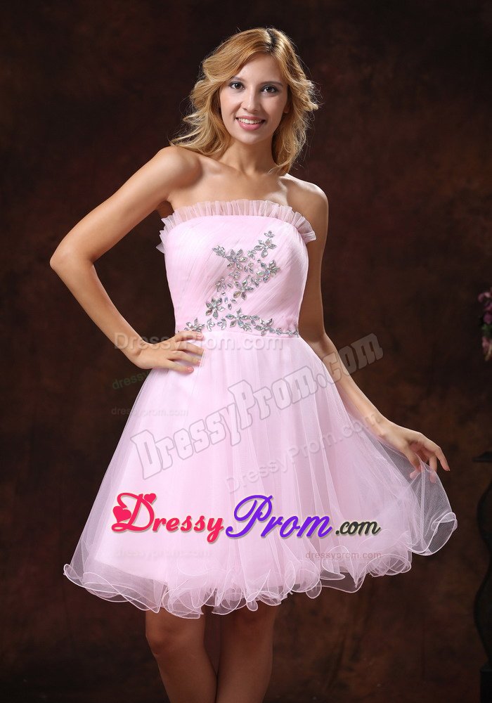 Baby Pink Strapless Organza Prom formal Dress with Beading 2014