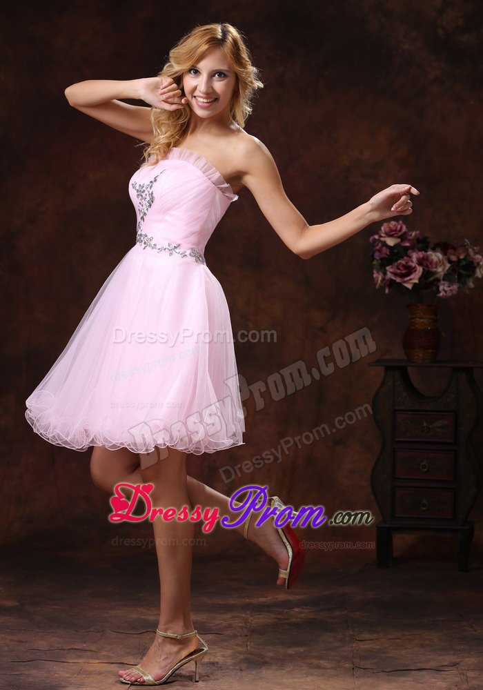 Baby Pink Strapless Organza Prom formal Dress with Beading 2014