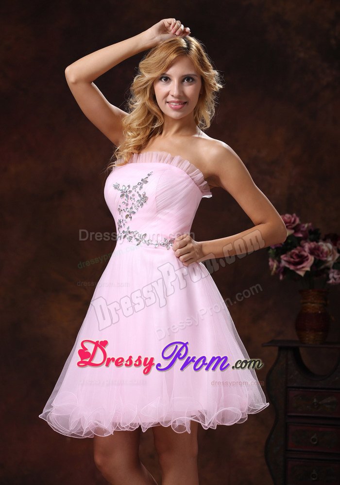 Baby Pink Strapless Organza Prom formal Dress with Beading 2014