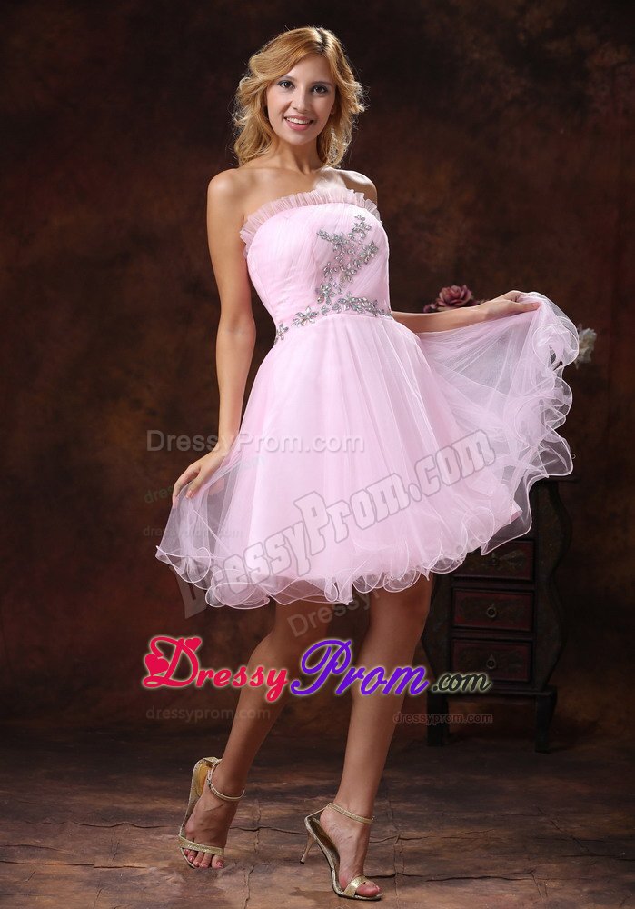 Baby Pink Strapless Organza Prom formal Dress with Beading 2014