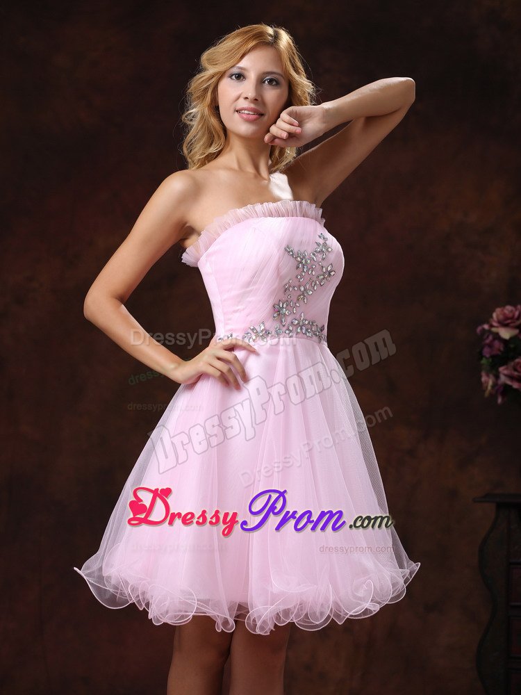 Baby Pink Strapless Organza Prom formal Dress with Beading 2014