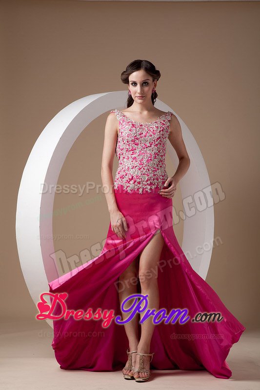 Scoop Neck Brush Train Fuchsia Appliqued Dress for Prom