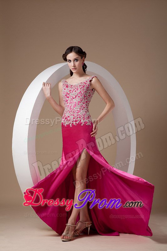 Scoop Neck Brush Train Fuchsia Appliqued Dress for Prom
