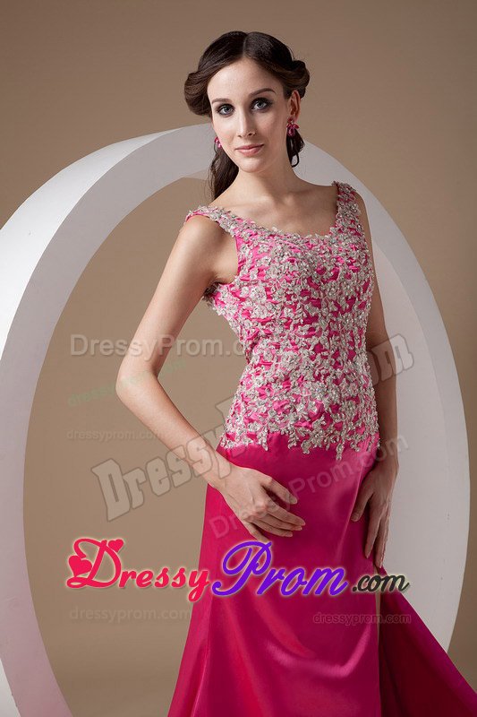 Scoop Neck Brush Train Fuchsia Appliqued Dress for Prom