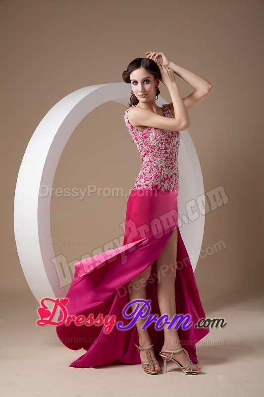 Scoop Neck Brush Train Fuchsia Appliqued Dress for Prom