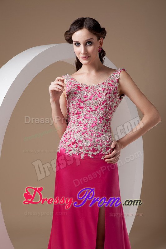 Scoop Neck Brush Train Fuchsia Appliqued Dress for Prom
